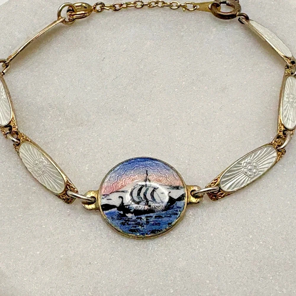 Vintage Sterling Silver Guilloche Enamel Bracelet Viking Ship Scandanavian READ